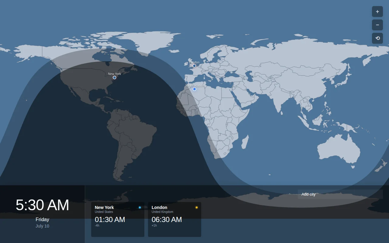 World Clock with Twilight/Night Overlayed on Map