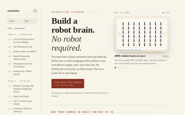 Zero2Robot – free, open source interactive textbook for robot learning