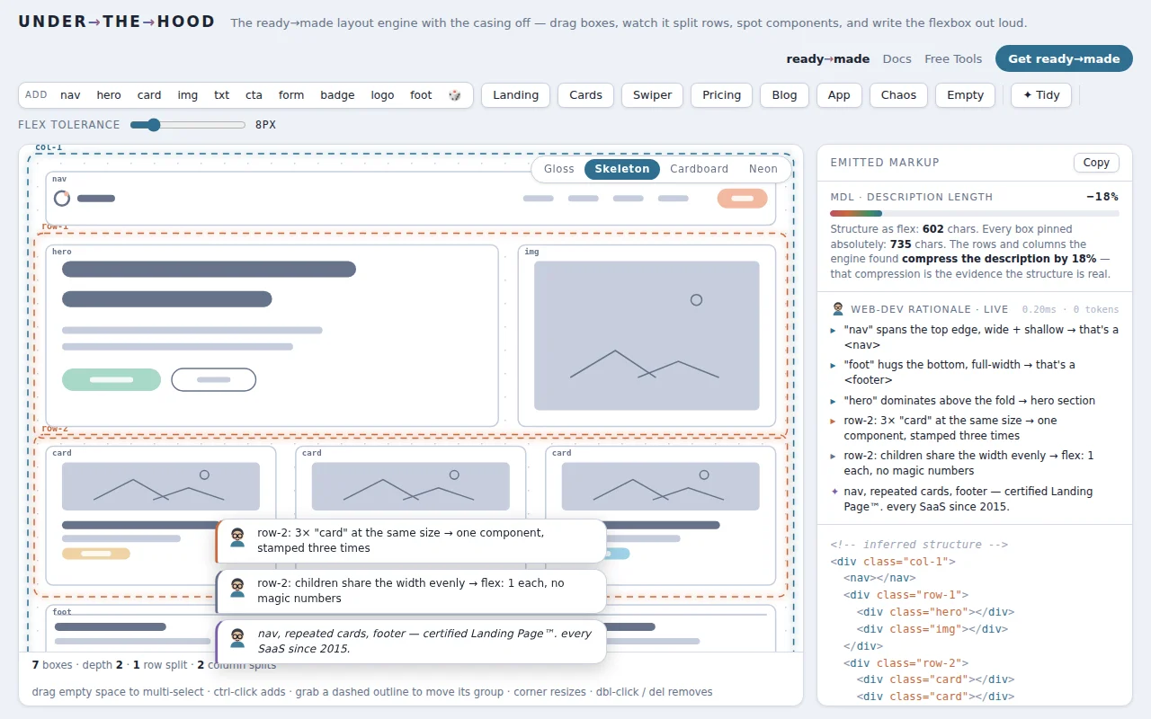 Drag boxes around and watch a layout engine infer the Flexbox (no AI)