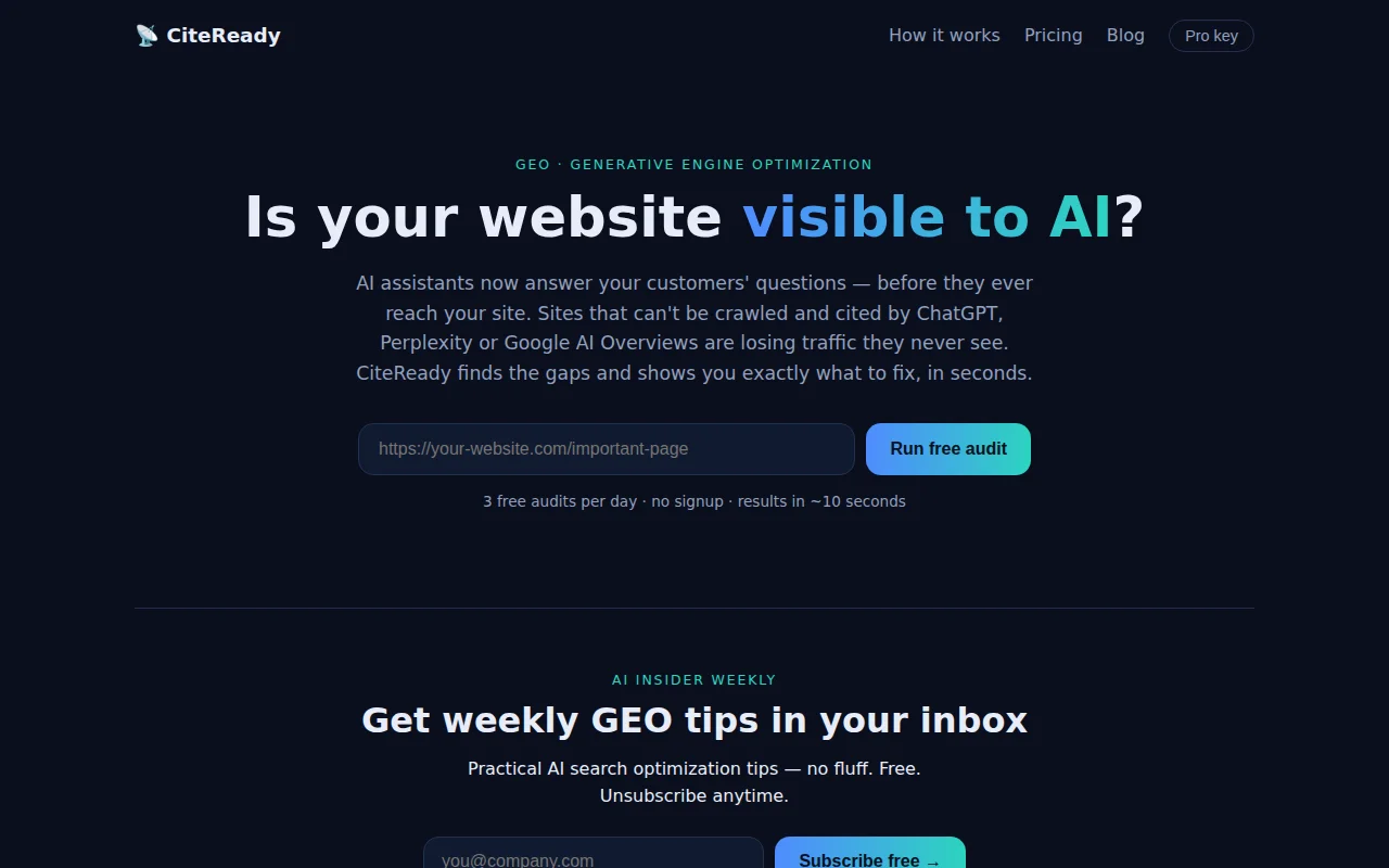 CiteReady – Can AI search (ChatGPT, Perplexity) cite your site?