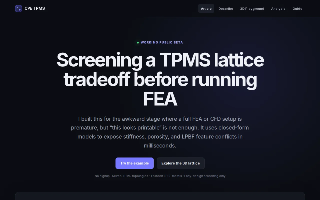 Beta TPMS Screening for Additive Manufacturing (Describe Your Part)