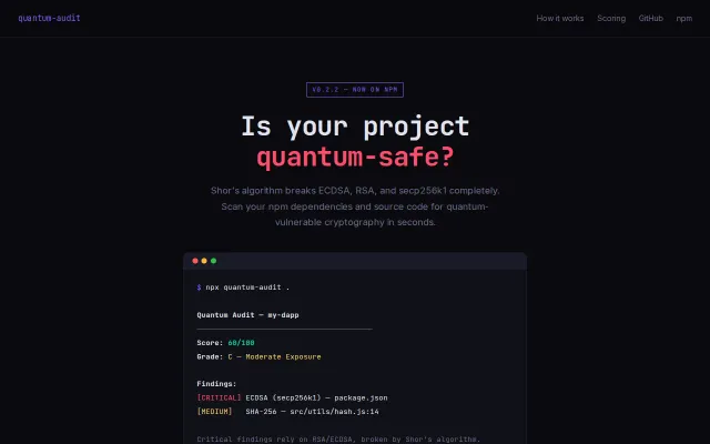 Quantum-audit – CLI to scan NPM deps for quantum-vulnerable crypto