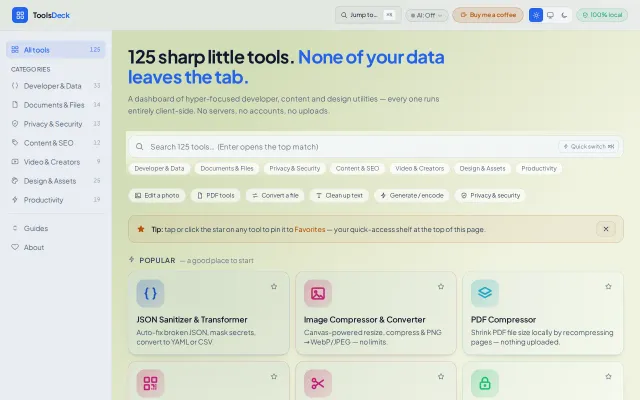 Browser-only tools with no uploads and no accounts