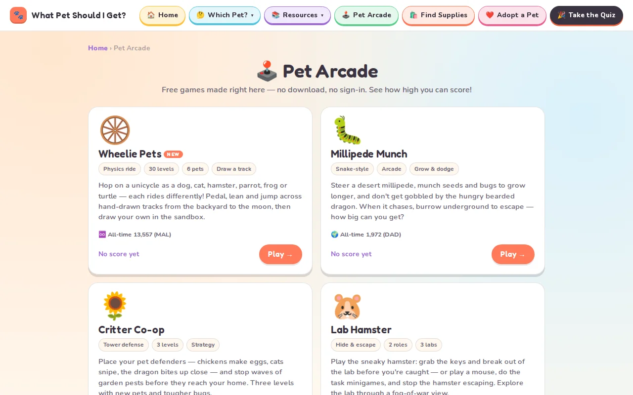I used Claude to make some free fun pet-themed browser arcade games