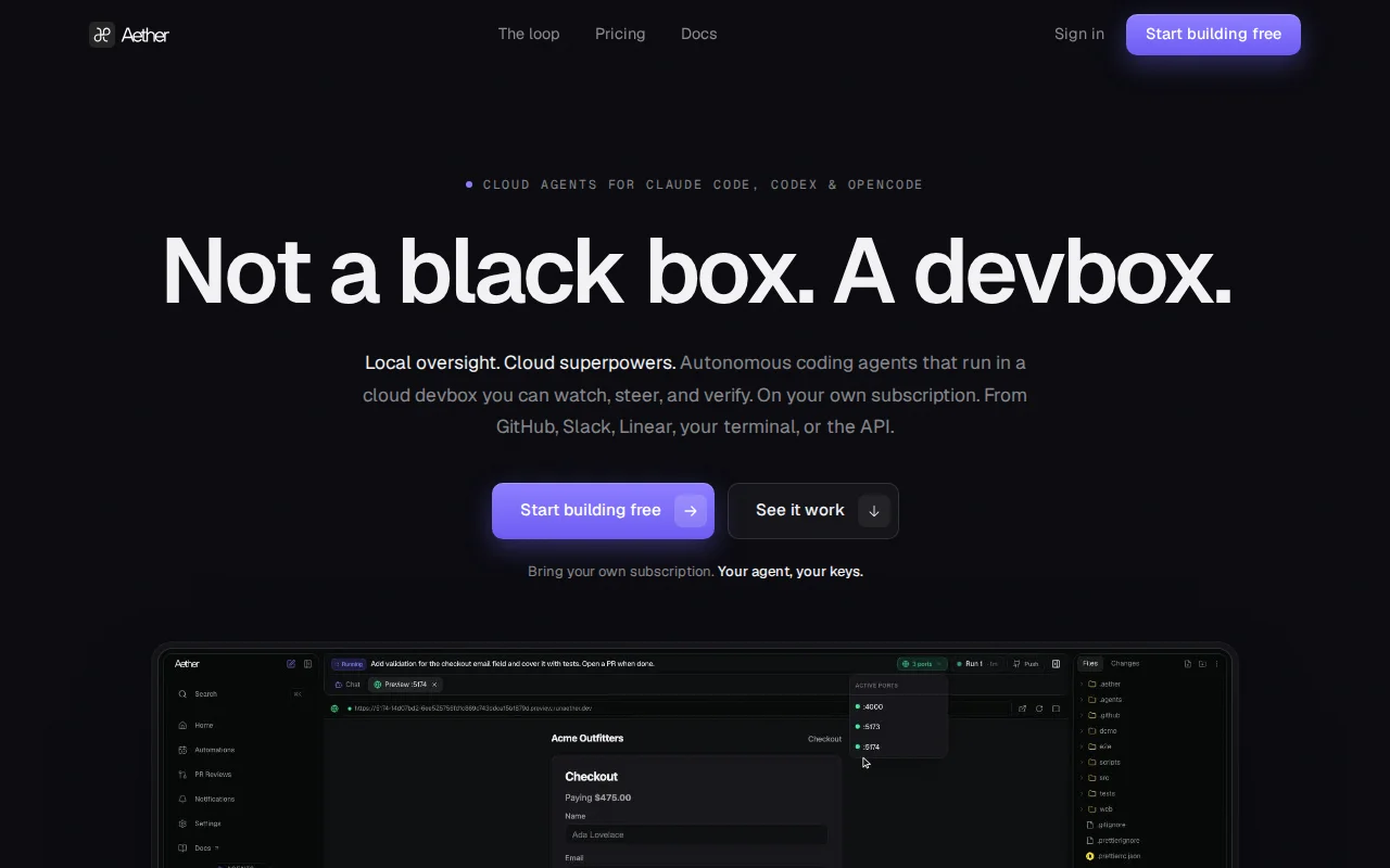 Aether – Run Claude Code, Codex, or OpenCode in devboxes you can watch