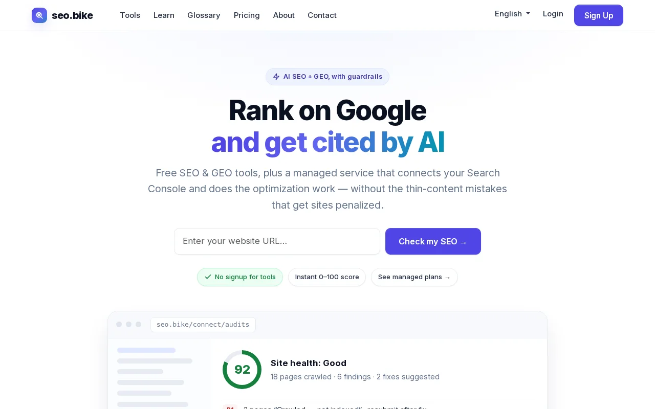 SEO.bike – Free SEO and GEO tools, plus a managed service