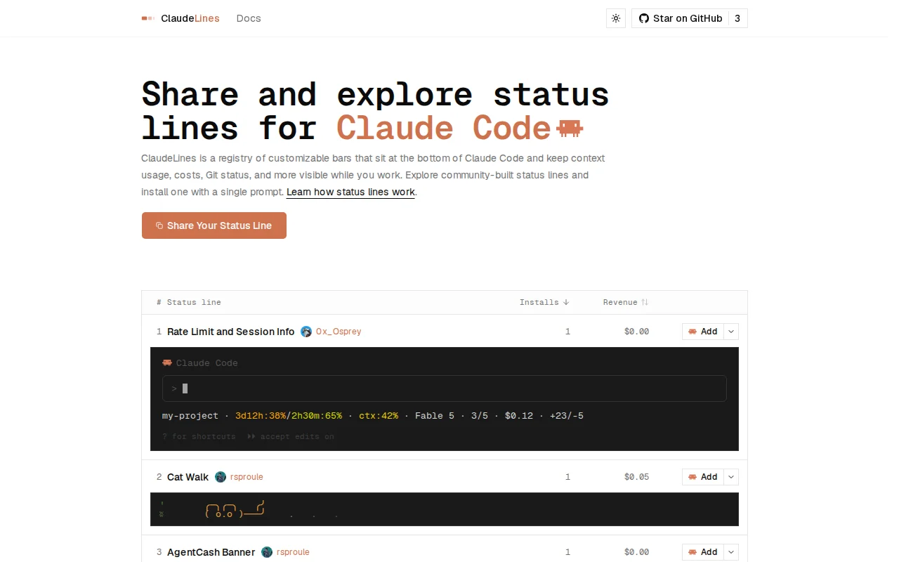 Share and explore custom Claude Code status lines