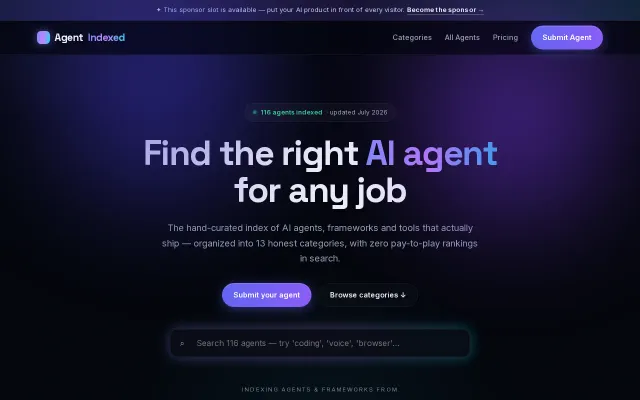 AgentIndexed – a curated AI agent directory, no pay-to-play rankings