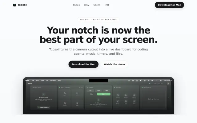 Topsoil – a notch dashboard for coding agents, music, and files