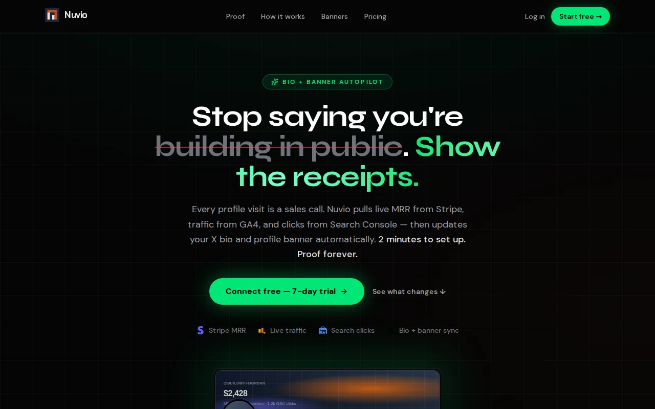 Live MRR in your X bio, on autopilot. Screenshots expire–Nuvio doesn't