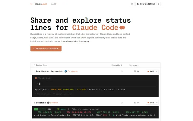 Claudelines – Share, install, and sell Claude Code status lines