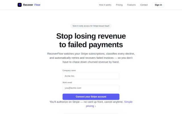 RecoverFlow – recover failed Stripe payments, pay only on recovery.