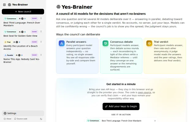 Yes-Brainer – A council of LLMs that debate in the browser, BYOK