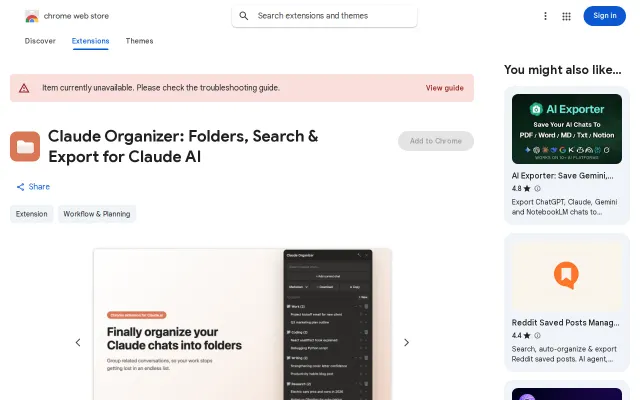 Claude Organizer, folders and search for Claude.ai, all local