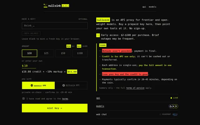 Anonymous LLM proxy. Pay in crypto, no account needed