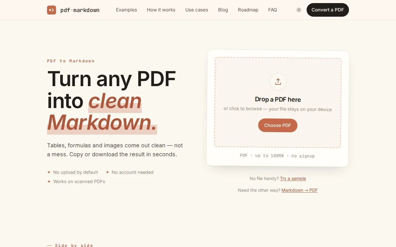 PDF to Markdown with a side-by-side check so you can see what broke