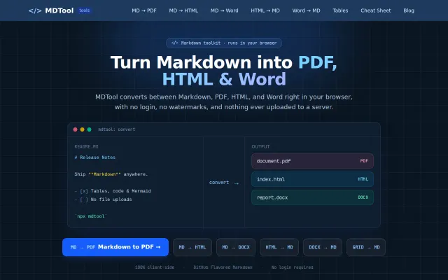 MDTool – free, client-side Markdown to PDF, HTML and Word (no uploads)