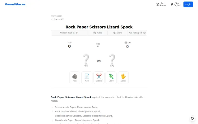 Vibe-coding games with Claude, day 93: Rock Paper Scissors Lizard Spock