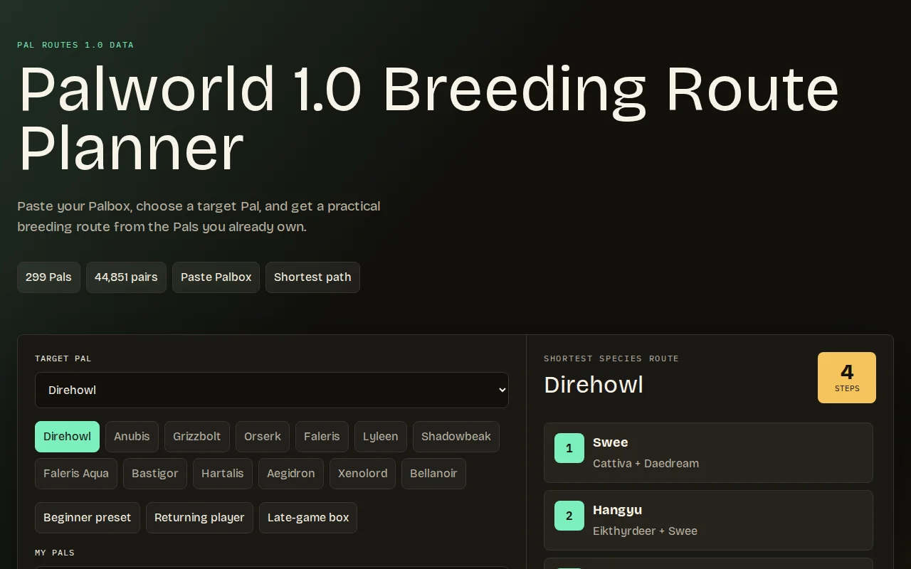 PalRoutes – Palworld 1.0 breeding routes from owned Pals