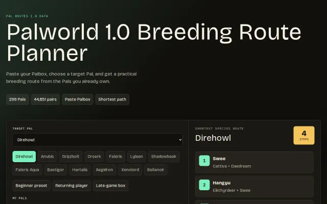 PalRoutes – Palworld 1.0 breeding routes from owned Pals