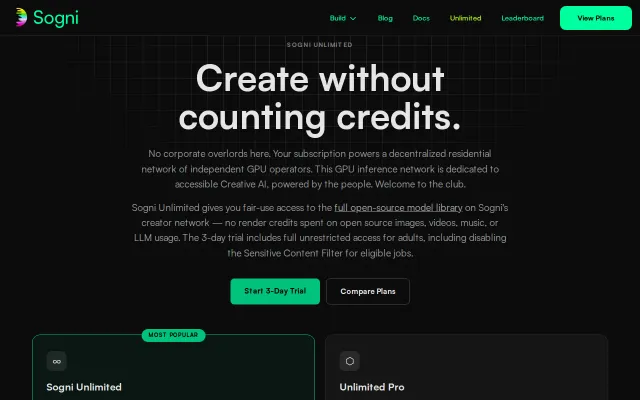Sogni Unlimited – flat-rate unlimited image/video on decentralized GPUs
