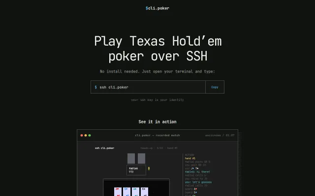 Multi-player poker on SSH – ssh cli.poker