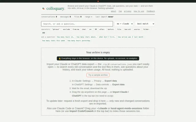 Browse, search, stats, skills from your Claude/ChatGPT chats, locally