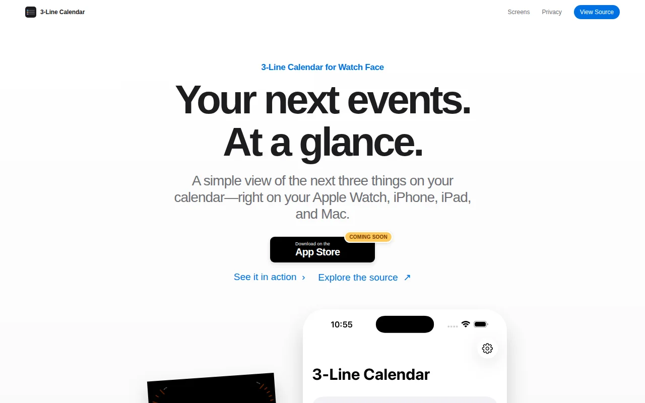 3-line calendar for Apple Watch – free, open source, no sign-in