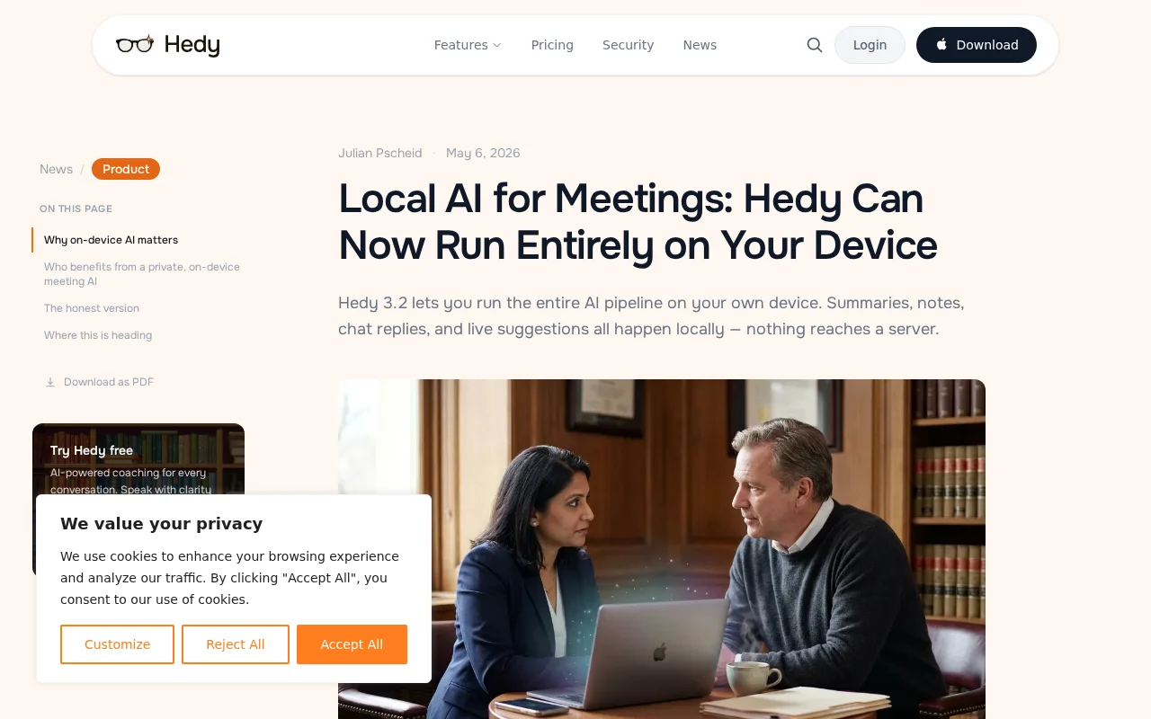 Hedy runs its real-time meeting AI on-device (Mac/Windows/iOS)