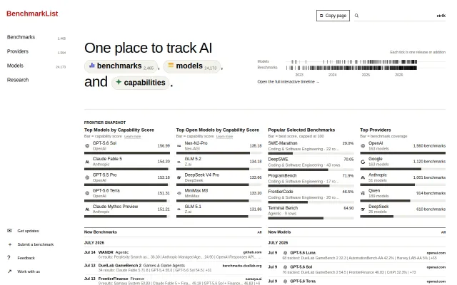 Benchmarklist: track AI benchmarks (2.4k+), models, and capabilities