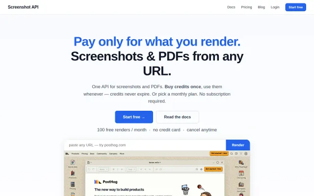 ScreenshotAPIs – screenshot/PDF API with credits that never expire