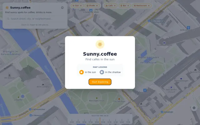 A map of cafes that are in the sun