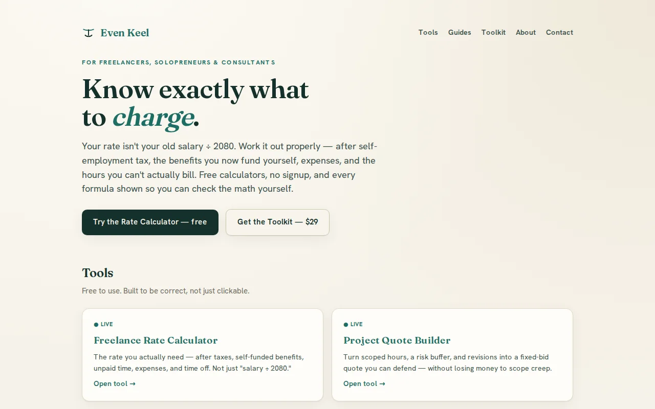 Even Keel – free, no-signup freelance pricing calculators
