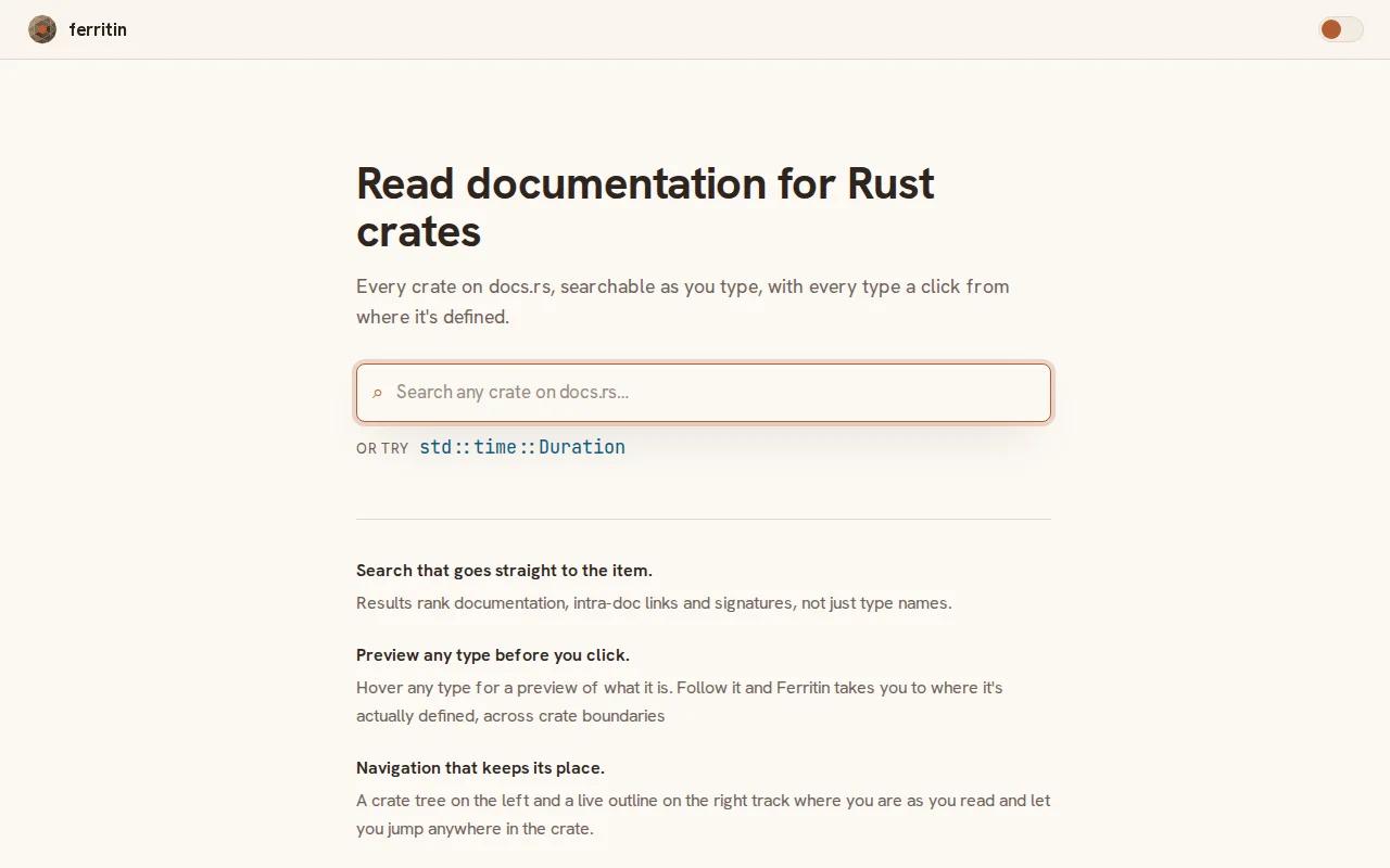 Ferritin, a new front end for Rust docs, built on rustdoc JSON