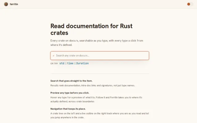 Ferritin, a new front end for Rust docs, built on rustdoc JSON