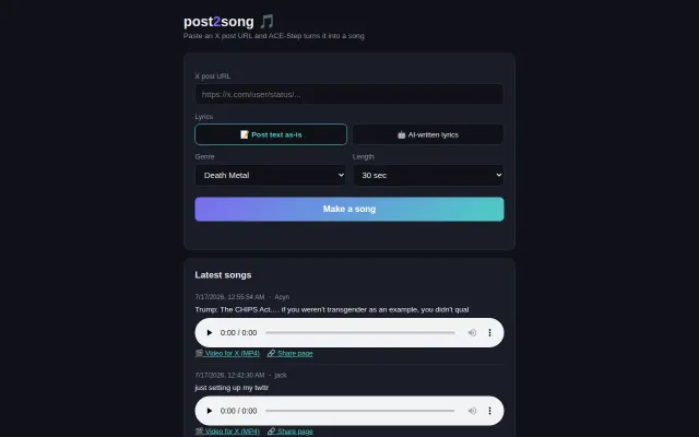 Paste an X post URL, get a death metal song back