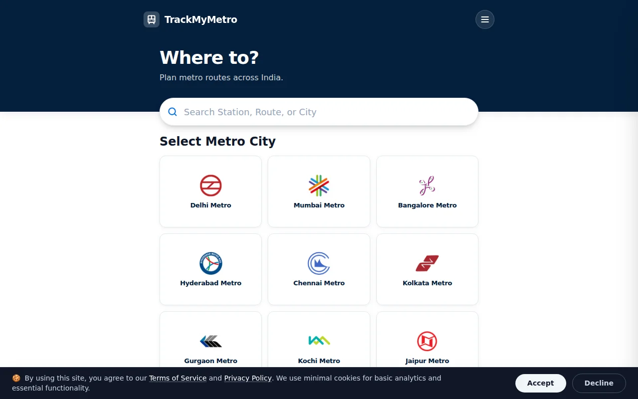 I built TrackMyMetro, a fast, ad-free metro router for India