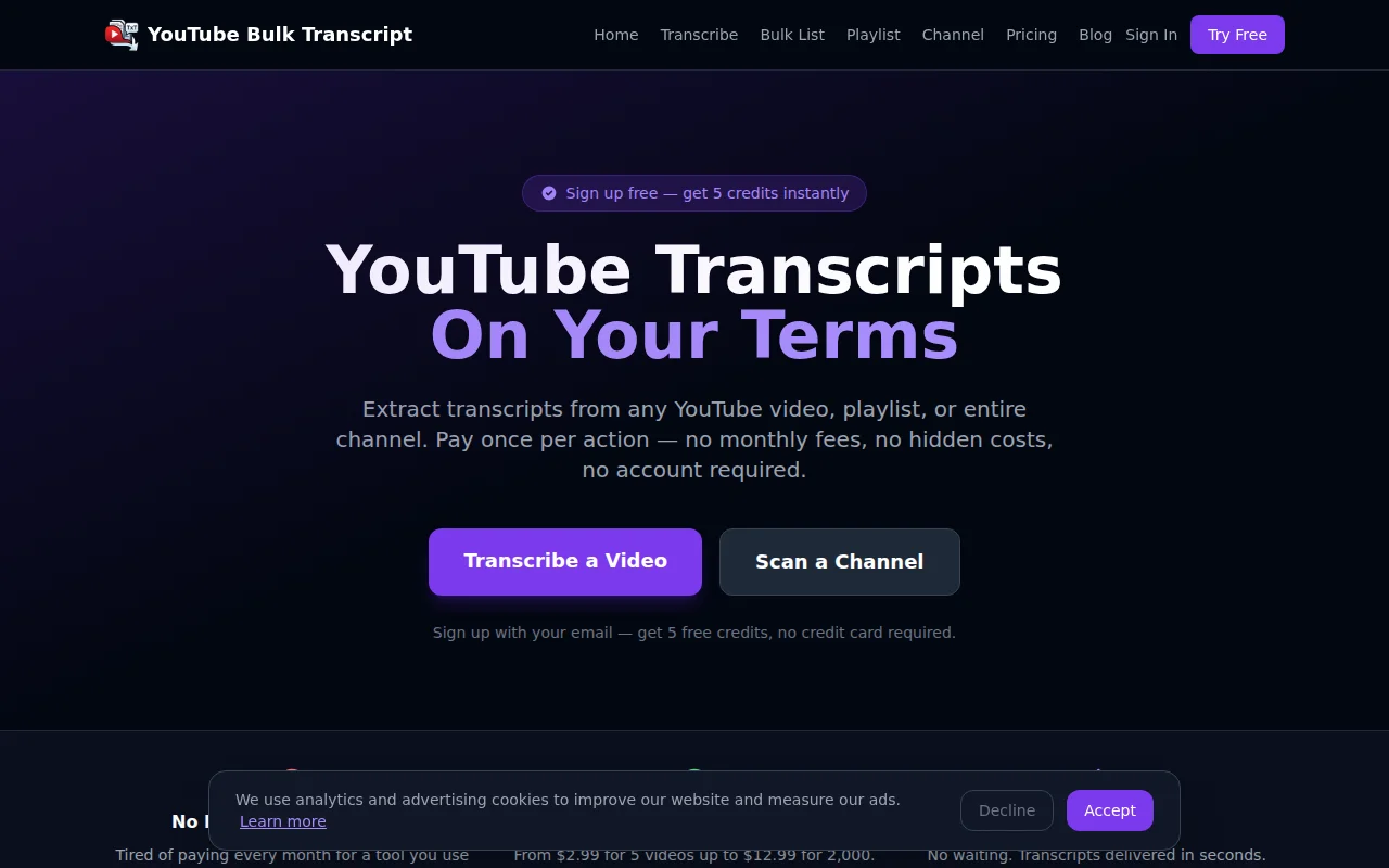 Bulk download YouTube transcripts–free per video, pay once