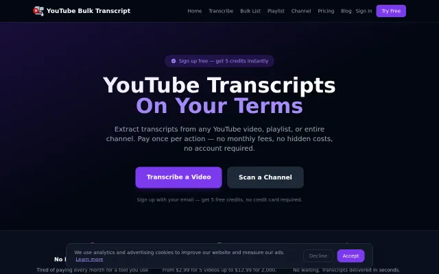 Bulk download YouTube transcripts–free per video, pay once