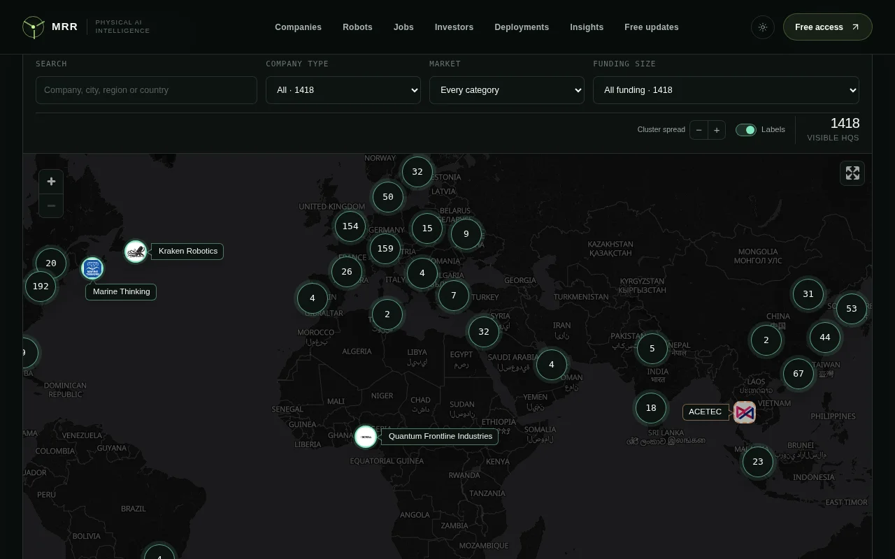 World map of 1418 modern robotics startups