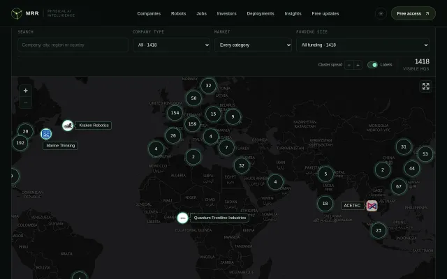 World map of 1418 modern robotics startups