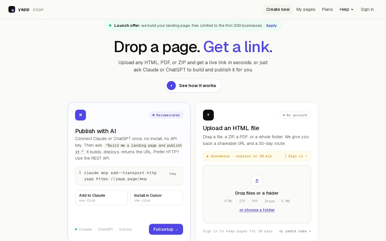 Yapp.page, publish a webpage from a Claude or ChatGPT chat