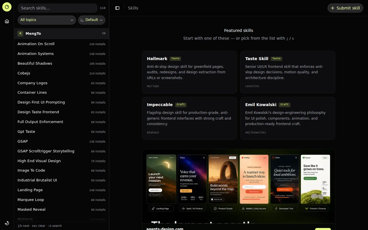 Design Skills Directory – curated agent skills for UI taste and craft