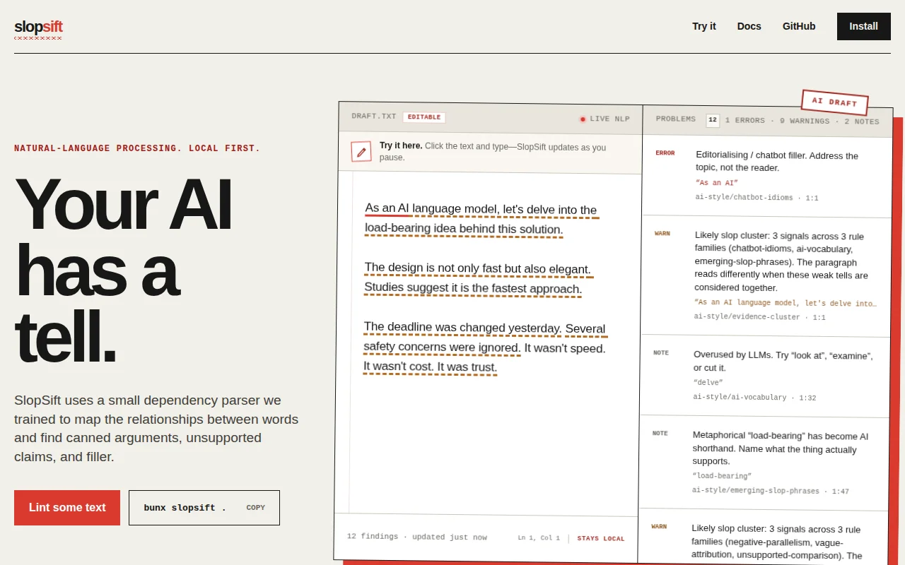 Slopsift – a local, graph-backed linter for AI writing