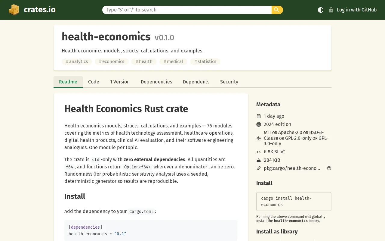 Health Economics Rust Crate