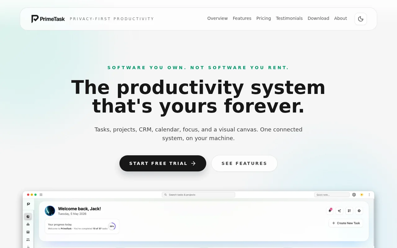 PrimeTask, an offline-first work OS with BYO AI through MCP