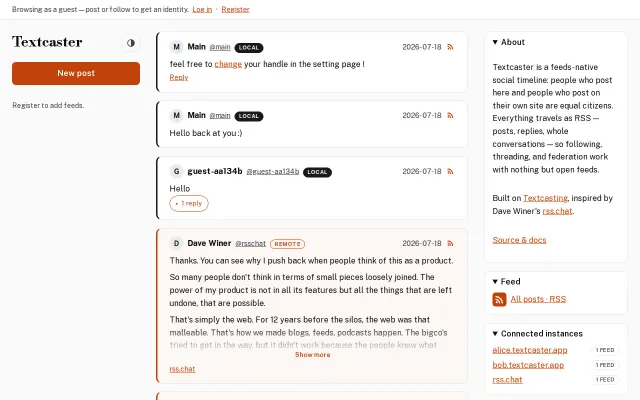 Textcaster, a feeds-native social timeline you can self-host