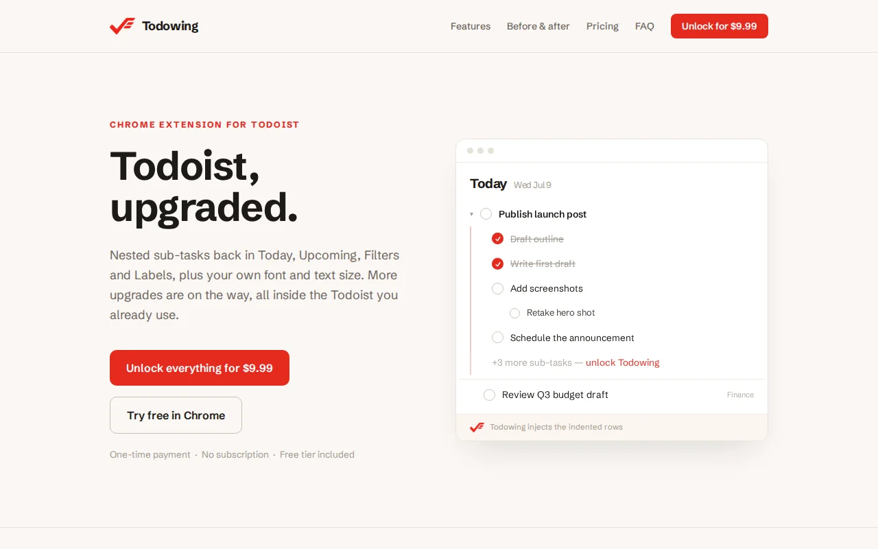 Todowing – A browser extension that shows Todoist sub-tasks inline