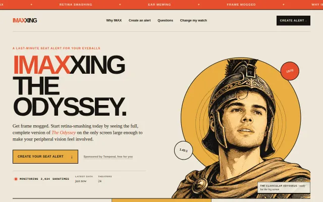 Get alerts for good seats at 70mm IMAX showings of The Odyssey