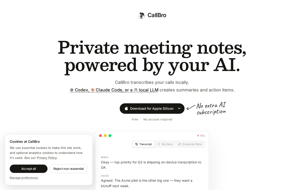 CallBro – Granola, but Powered by Codex, Claude Code, or Your Local LLM